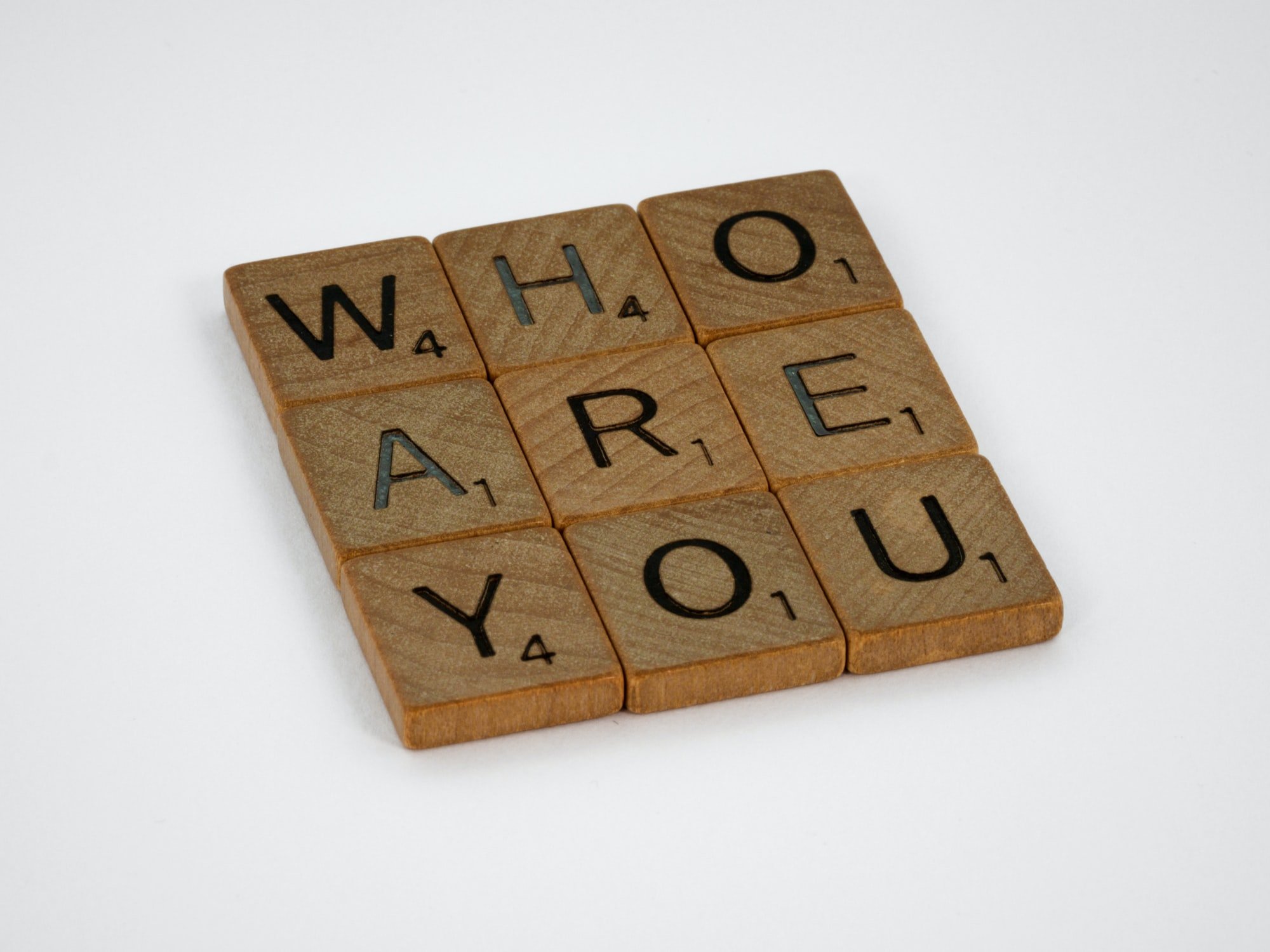 "Who Are You" spelled out in scrabble pieces